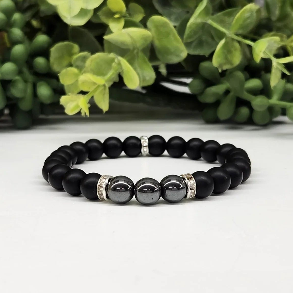 Hematite & Obsidian Matte 6mm Smooth Bead Stretch Bracelet On White
