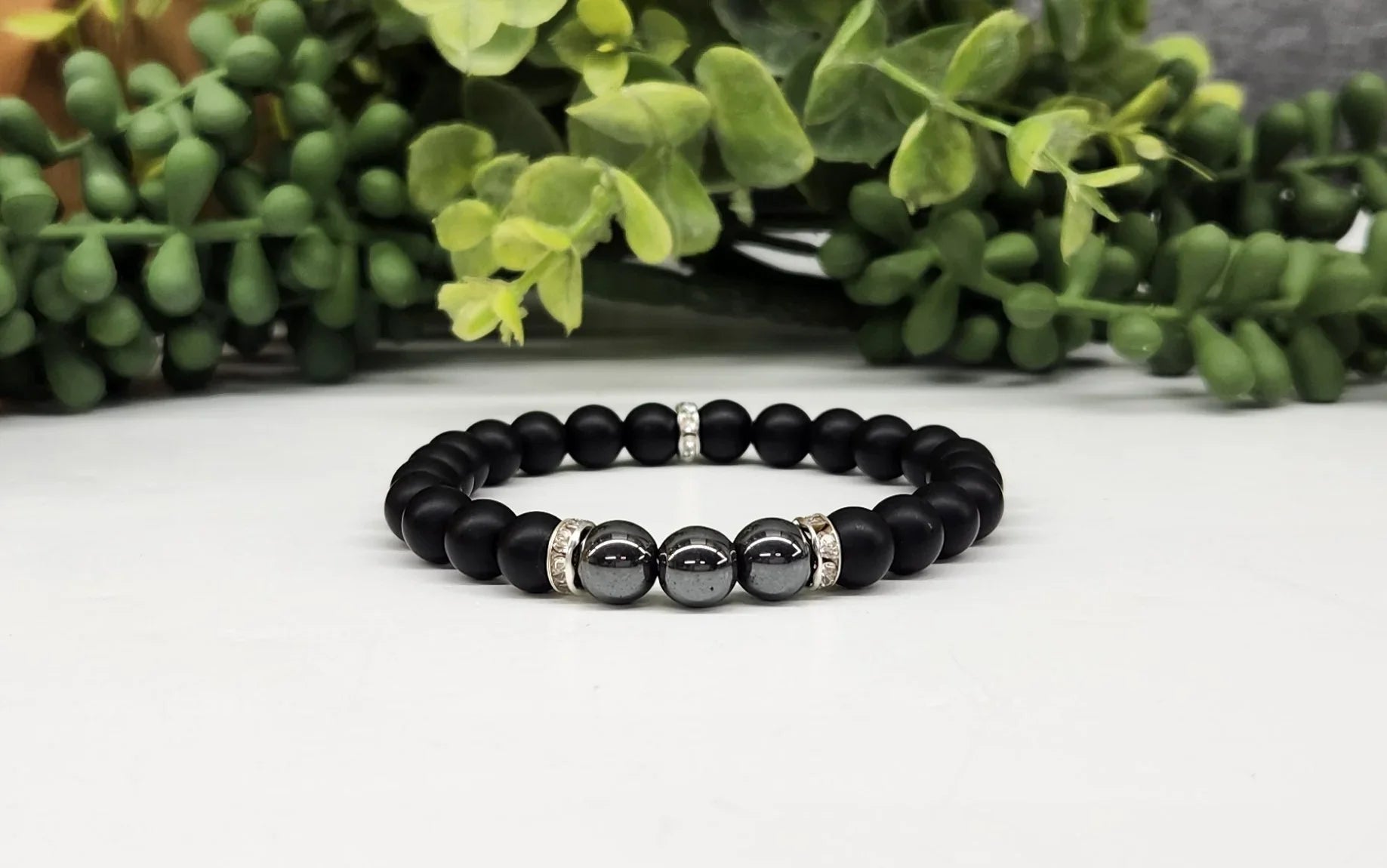 Hematite & Obsidian Matte 8mm Smooth Bead Stretch Bracelet