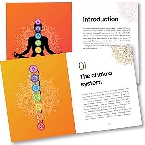 Booklet on chakras with colorful illustrations and text on a white background