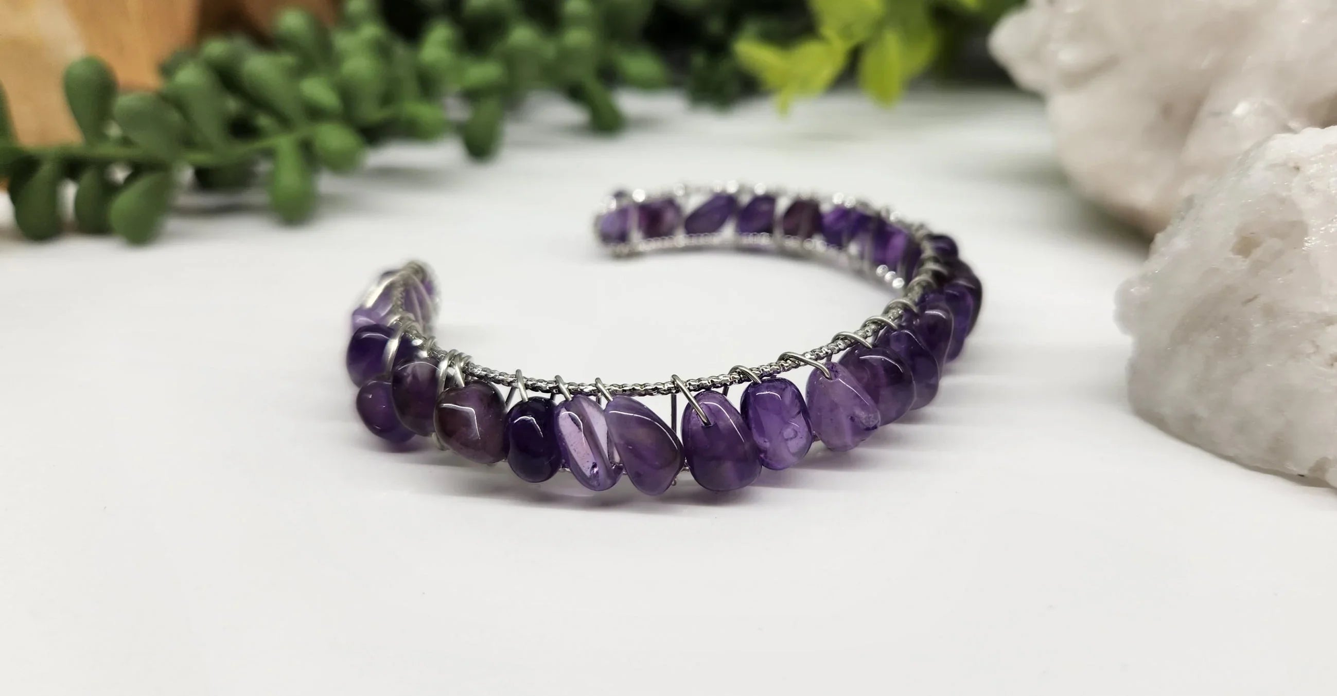 Amethyst Bangle Bracelet 18KT White Gold Overlay side view