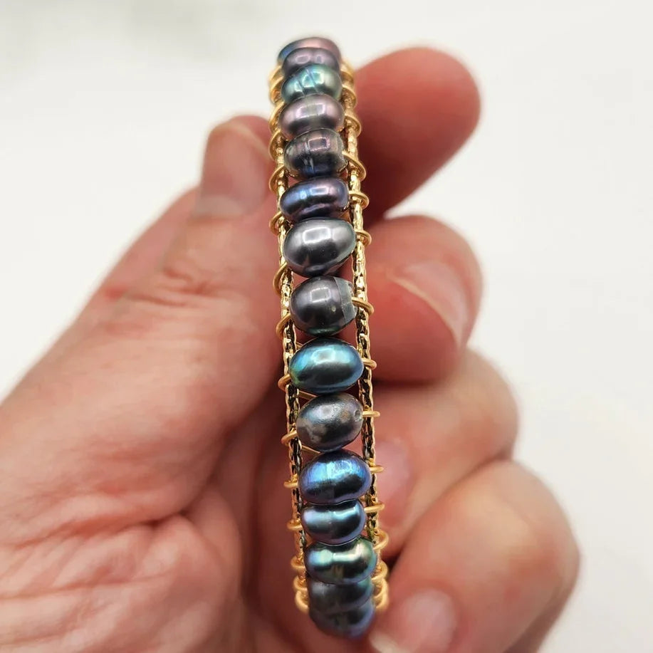 Pearls Peacock Blue Bangle Bracelet 18KT Yellow Gold Overlay Close Up