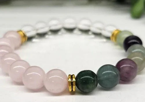 (Inner Peace) Clear Quartz, Rainbow Fluorite, and Rose Quartz Stretchable Bracelet 8mm Details
