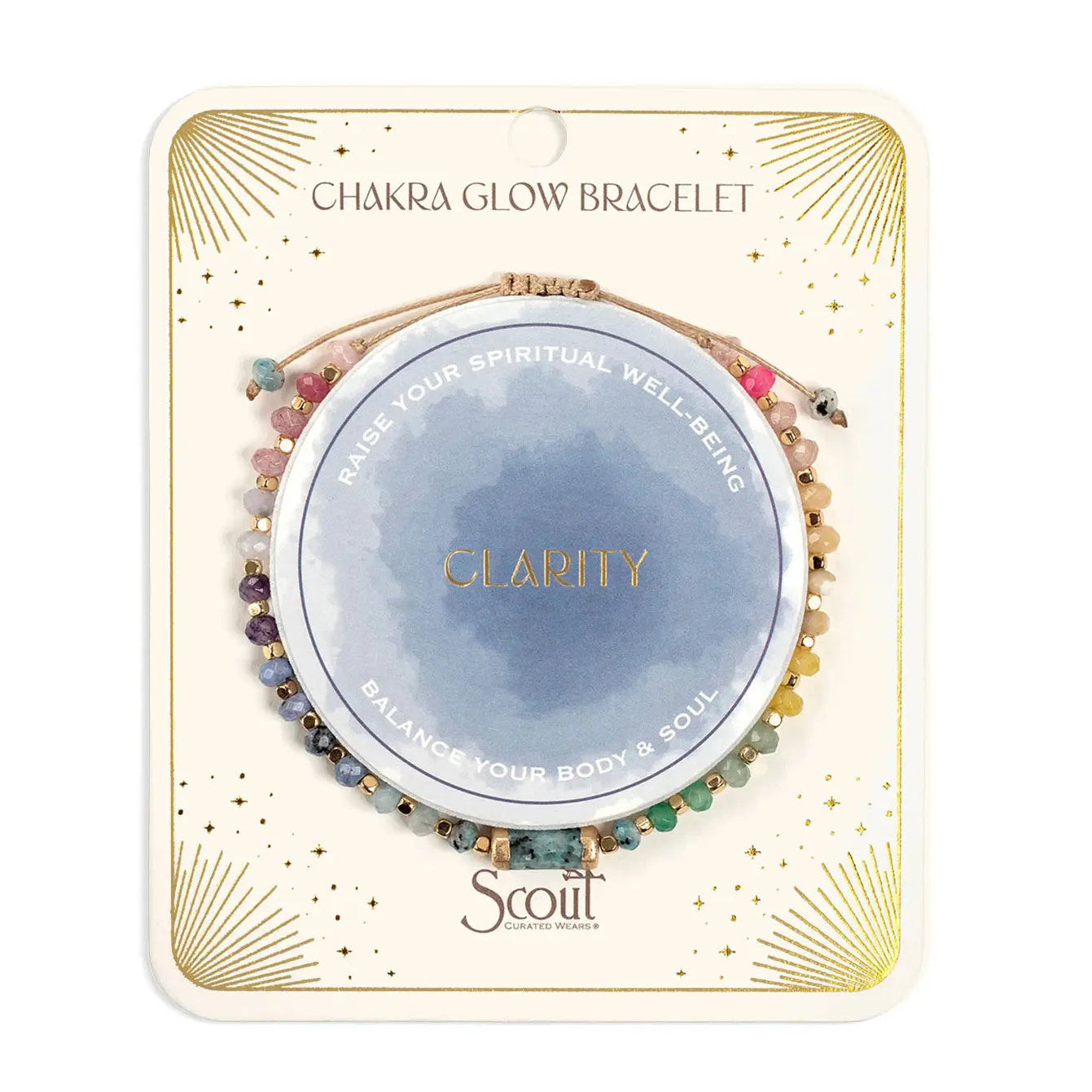 Chakra glow bracelet packaging with 'Clarity' theme on a white background
