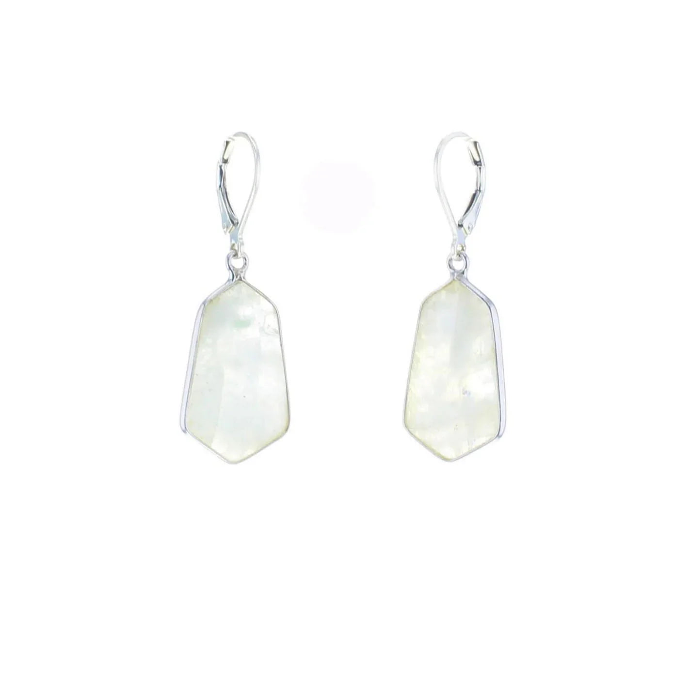 Pair of earrings with large, faceted gemstones on a white background