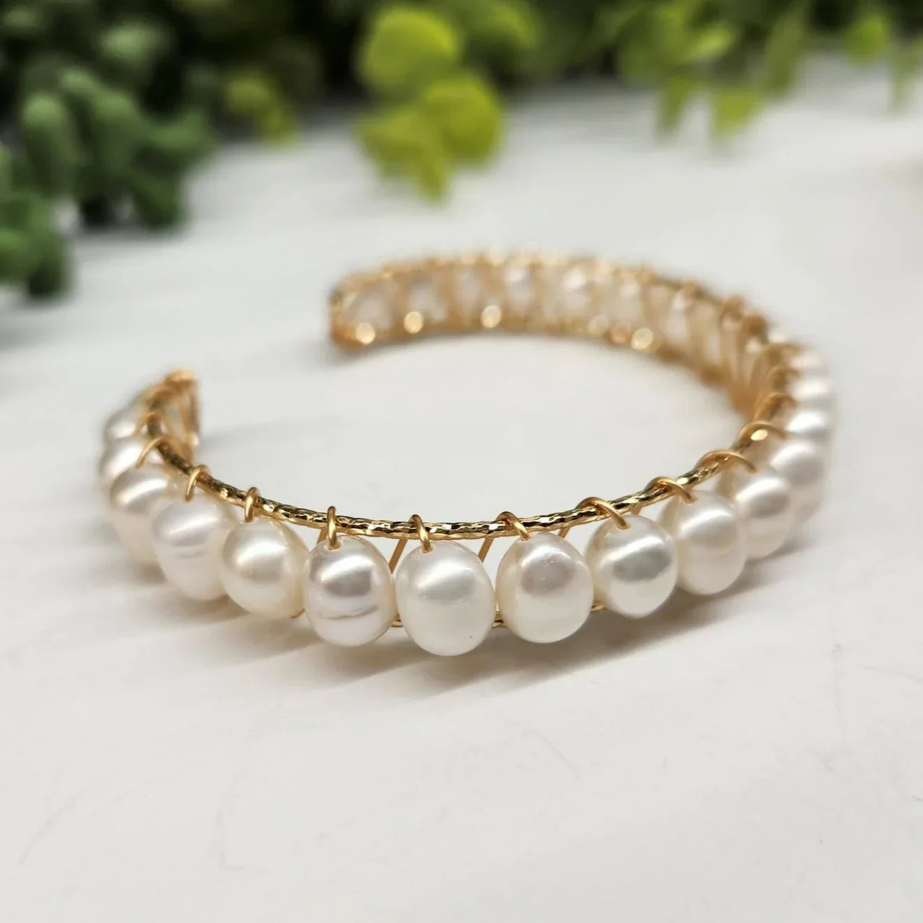 Pearls White Bangle Bracelet 18KT Yellow Gold Overlay Full View