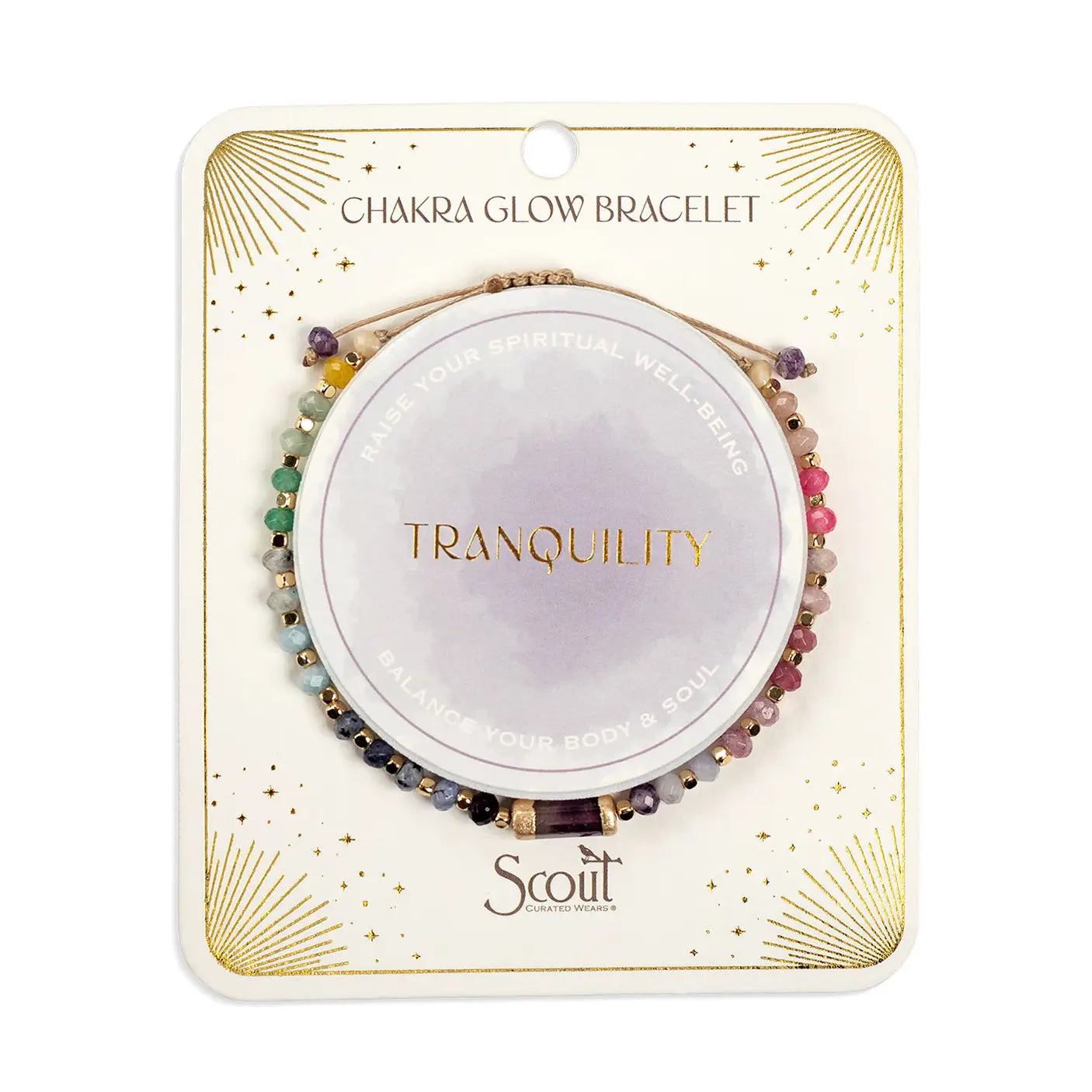 Chakra glow bracelet packaging with 'Tranquility' on a white background