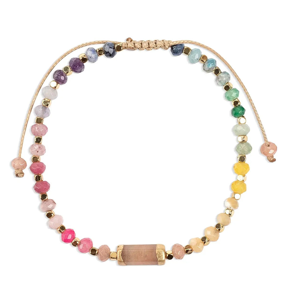 Multicolored beaded necklace on a white background