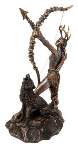 Bronze statue of a archer with a bow and a wolf on a white background