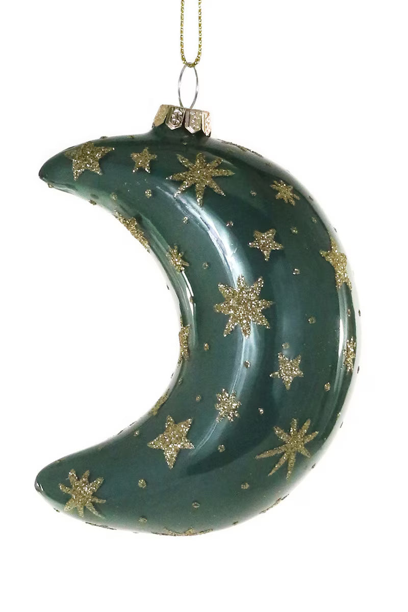 Teal Green crescent moon ornament with gold stars on a white background
