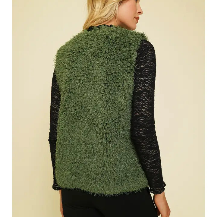 Dark Olive Faux Fur Open Vest back view