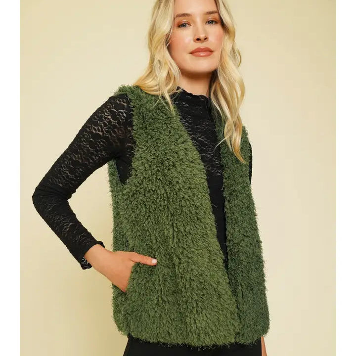 Dark Olive Faux Fur Open Vest front view