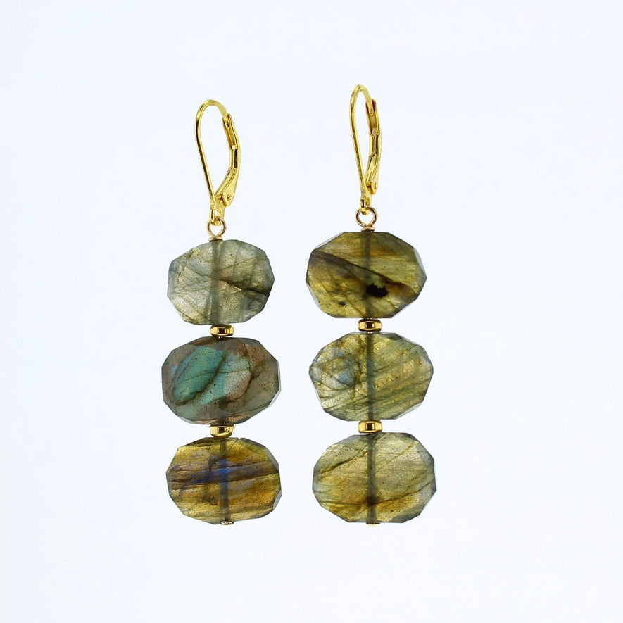 A pair of gold leverback drop earrings featuring three faceted natural labradorite beads on each earring, set against a plain white background.