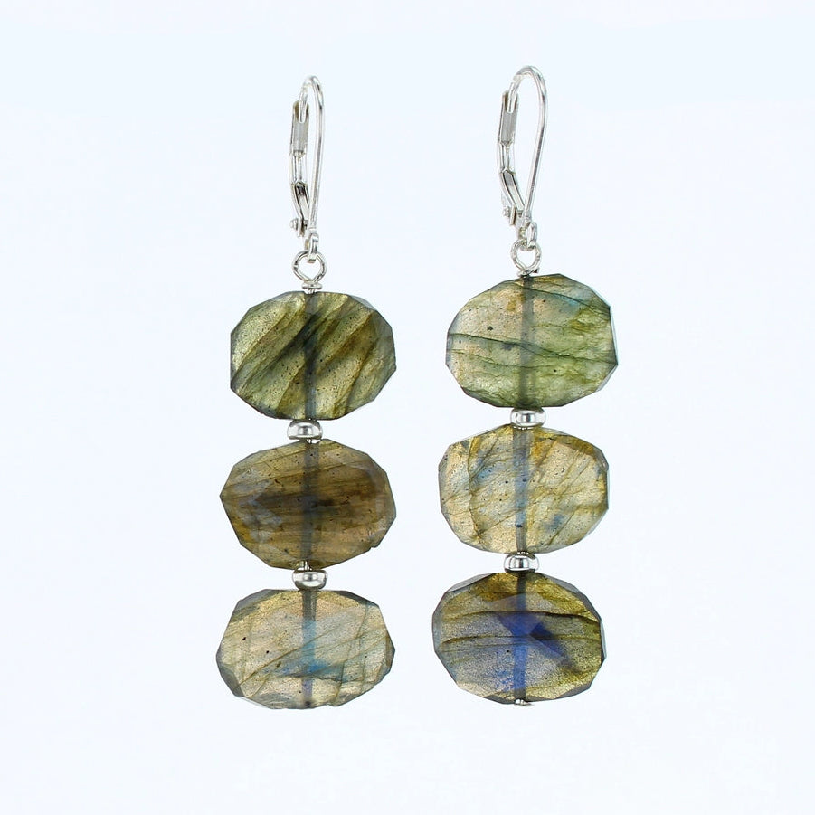 Pair of Labradorite stone earrings on a white background