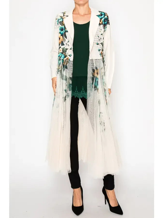 Hibiscus Cardigan Blazer w/ Long Mesh Layer Front VIew