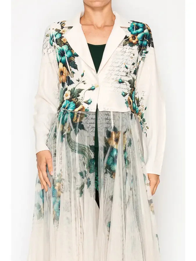 Hibiscus Cardigan Blazer w/ Long Mesh Layer Close Up View