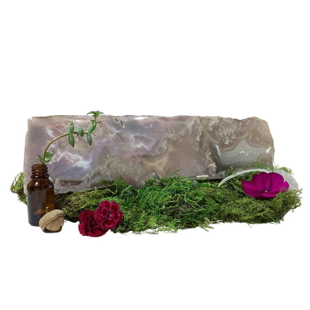 Flower agate slab on mossy ground
