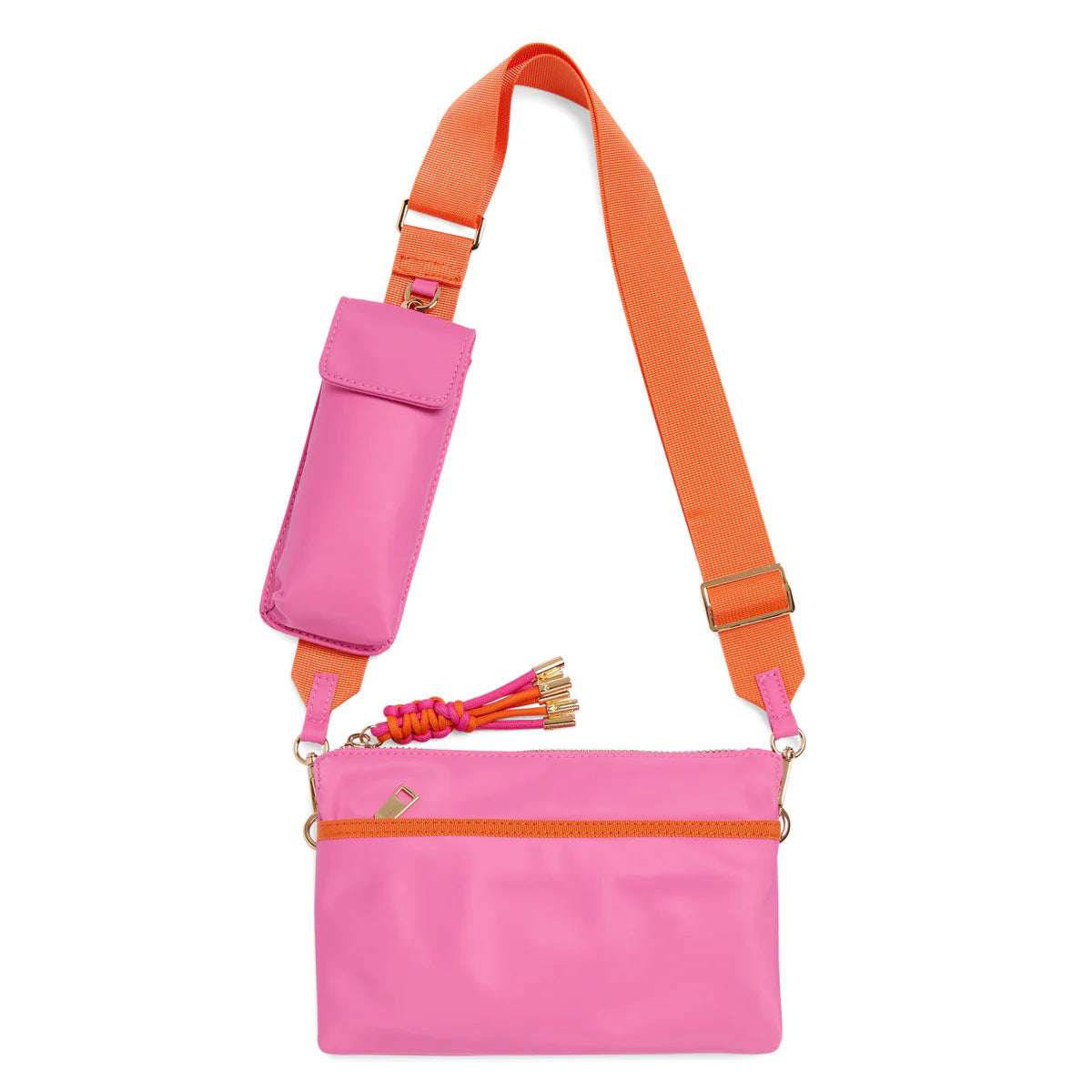 Pink crossbody bag with orange strap and accents on a white background