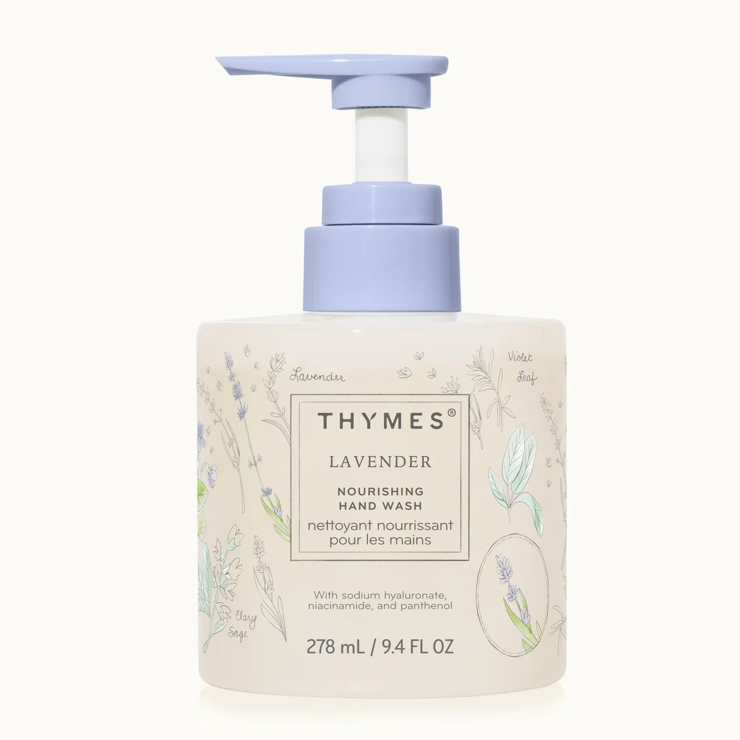 Thymes lavender hand wash bottle with pump on a white background