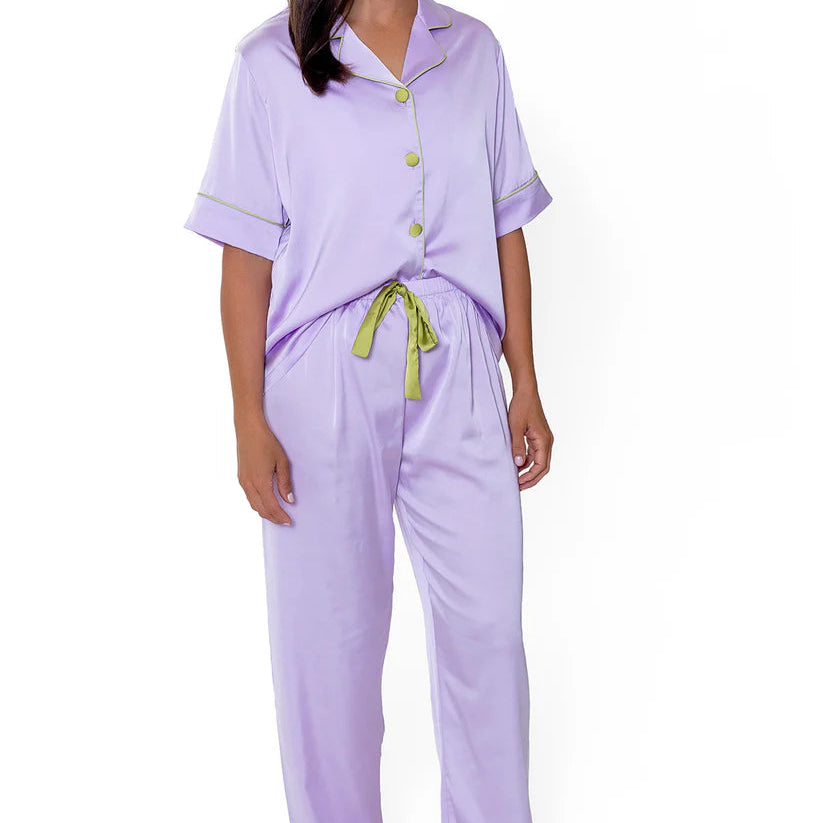 Silky Lavender Short Sleeve Pant Set Pajamas front view