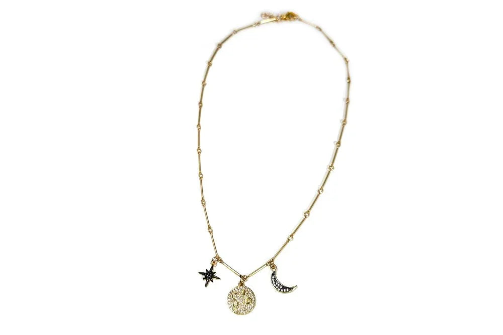 Star, Universe, and Moon Charms on 14k Gold Filled Bar Chain Necklace With Chain