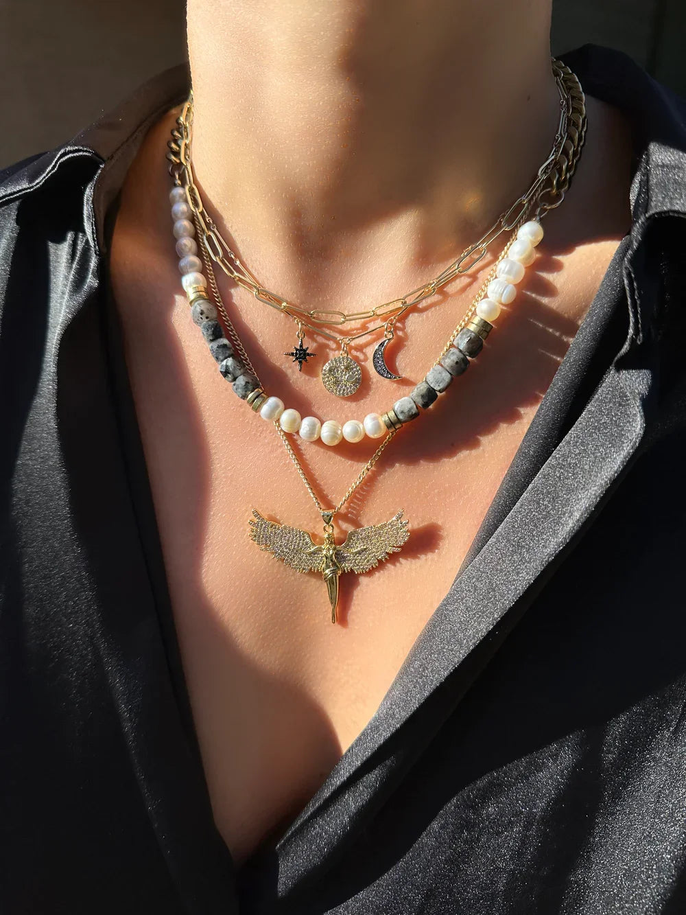 Star, Universe, and Moon Charms on 14k Gold Filled Bar Chain Necklace on Model