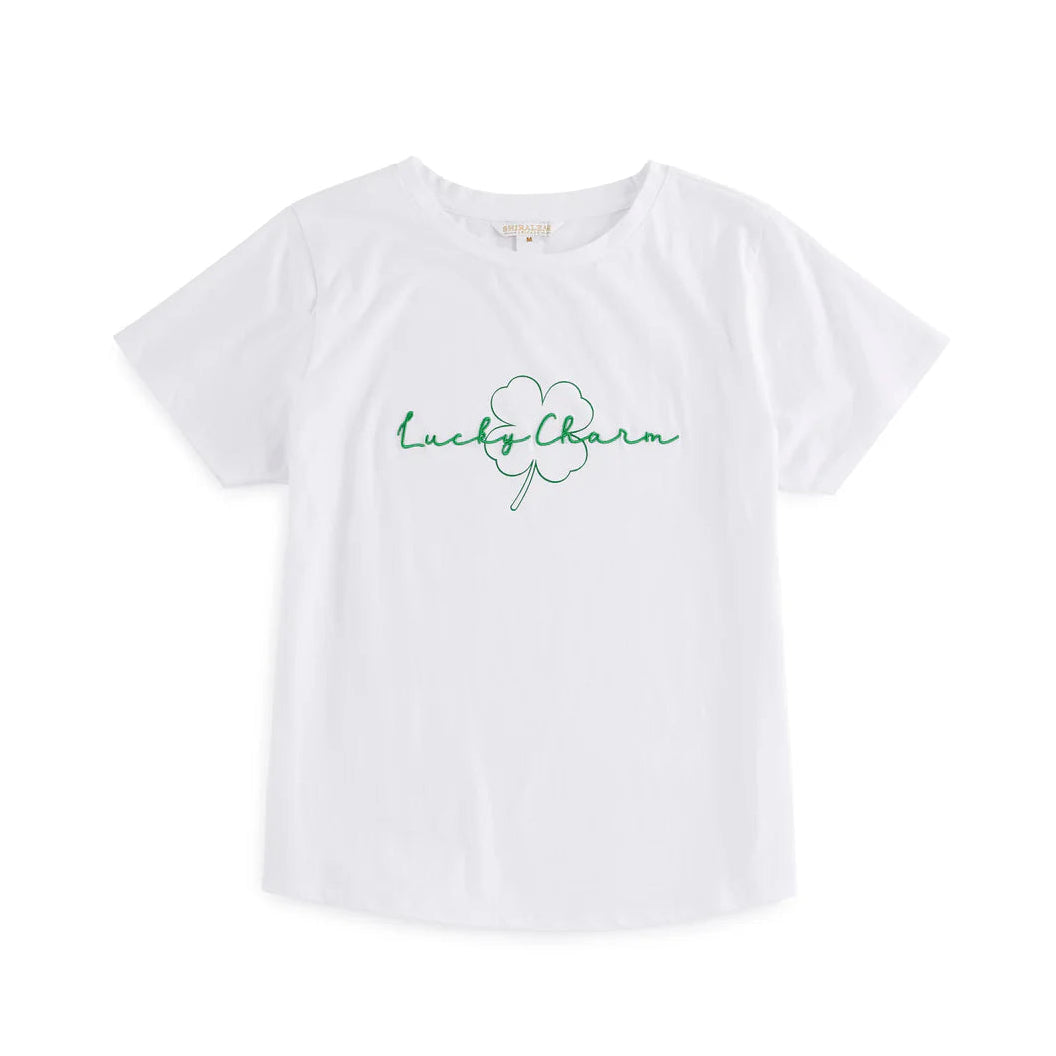 White t-shirt with 'Lucky Charm' text and clover graphic on a white background