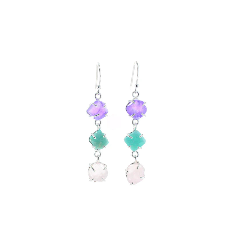 Amethyst, Amazonite & Rose Quartz Maka Earrings in Silver