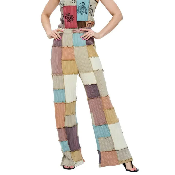 Hippie Patchwork Multicolored Stitching Pants whole body view