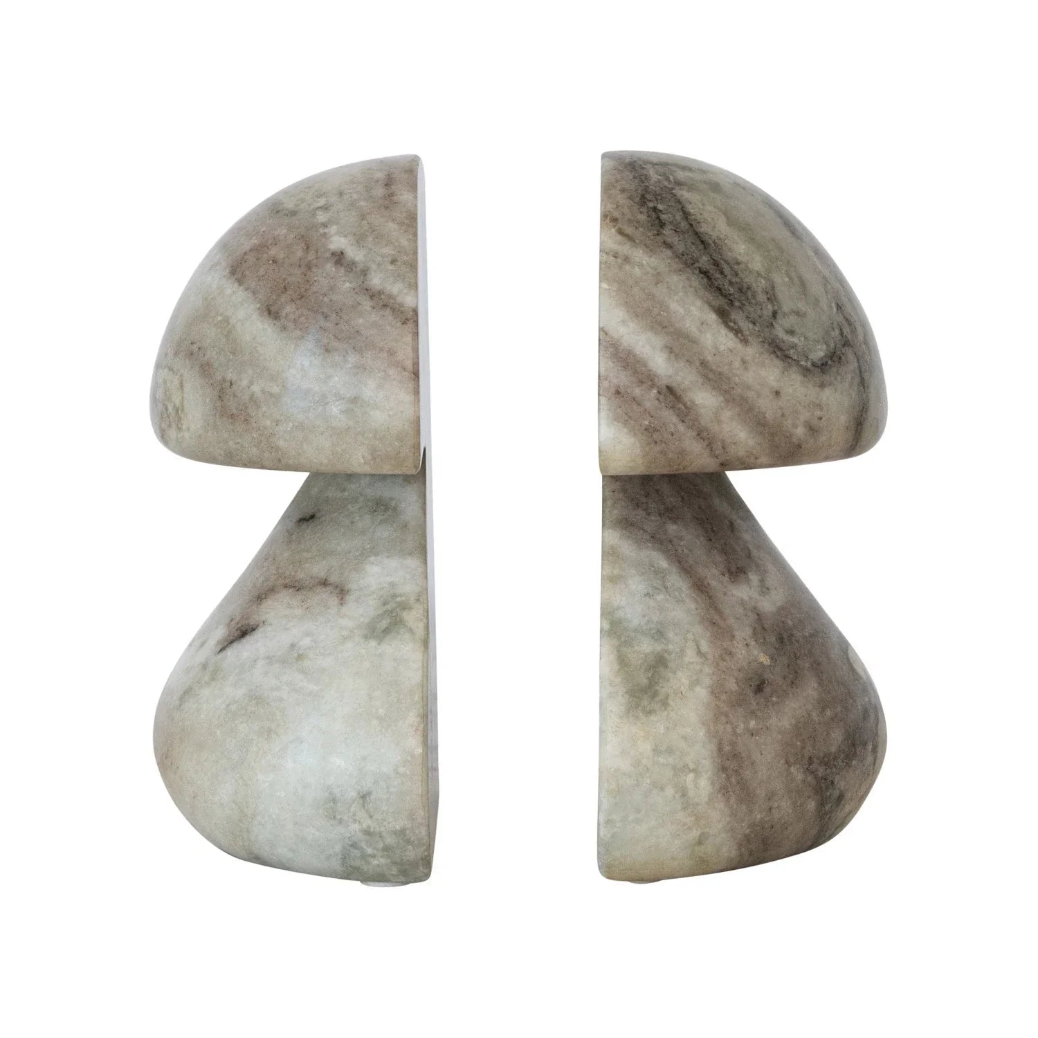 Pair of stone mushroom bookends on a white background