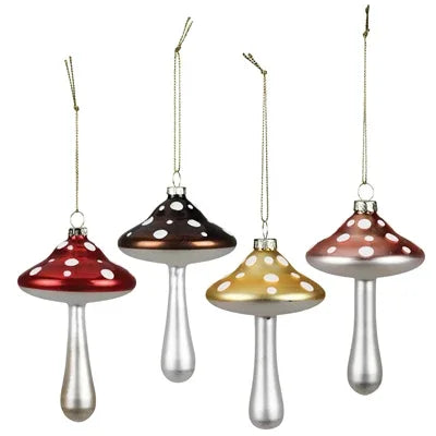 Set of four colorful mushroom-shaped hanging ornaments on a white background