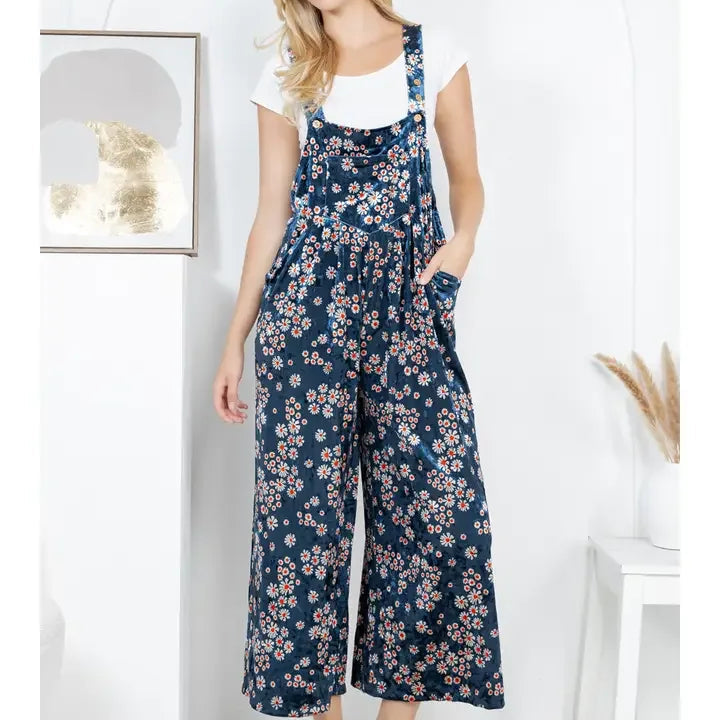 Navy Vintage Floral Velvet Wide Leg Overalls front view_2