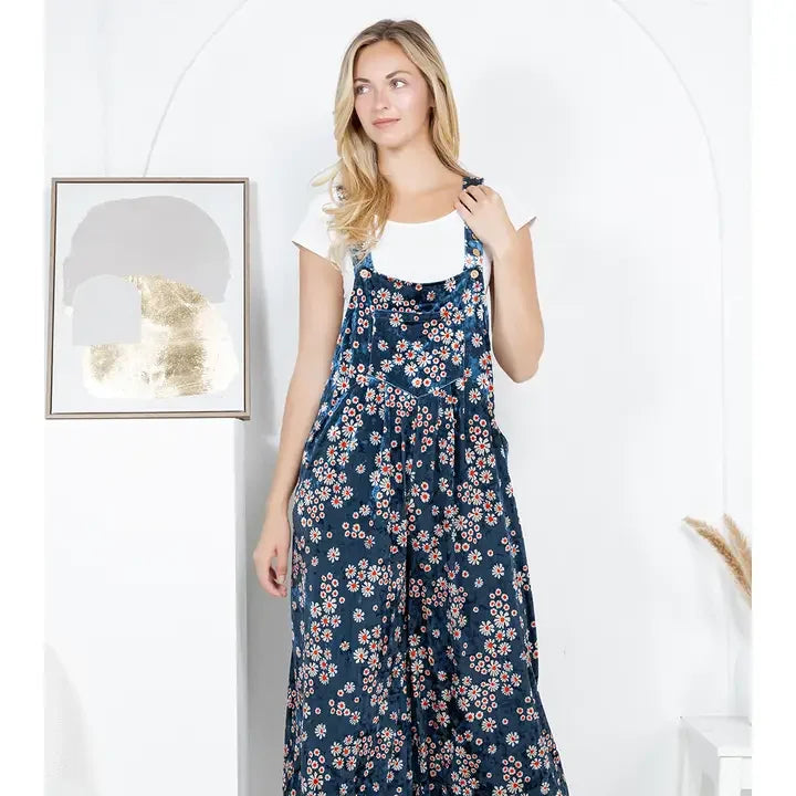 Navy Vintage Floral Velvet Wide Leg Overalls front view