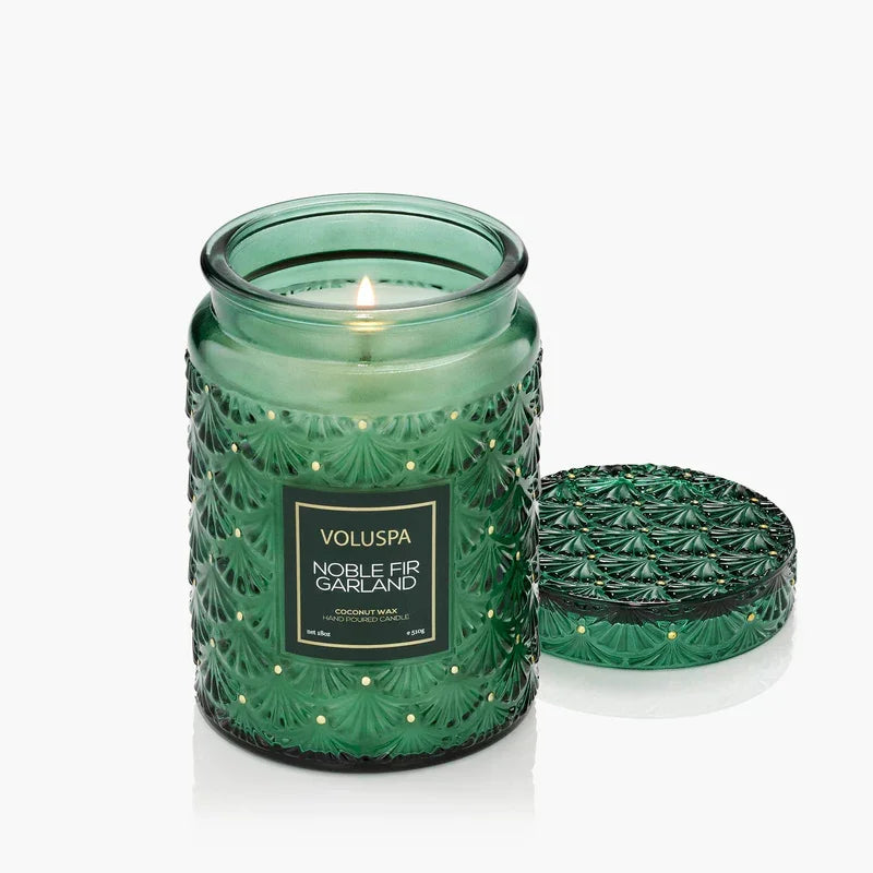 Noble Fir Garland Large Glass Jar Candle LId Off