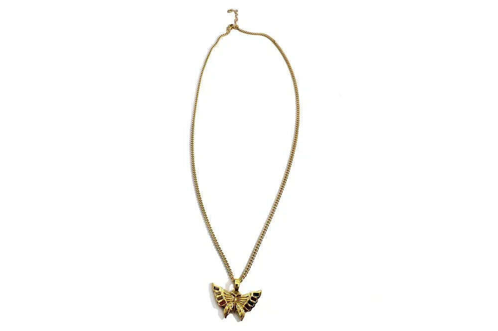 Gold necklace with a butterfly pendant on a white background With Chain