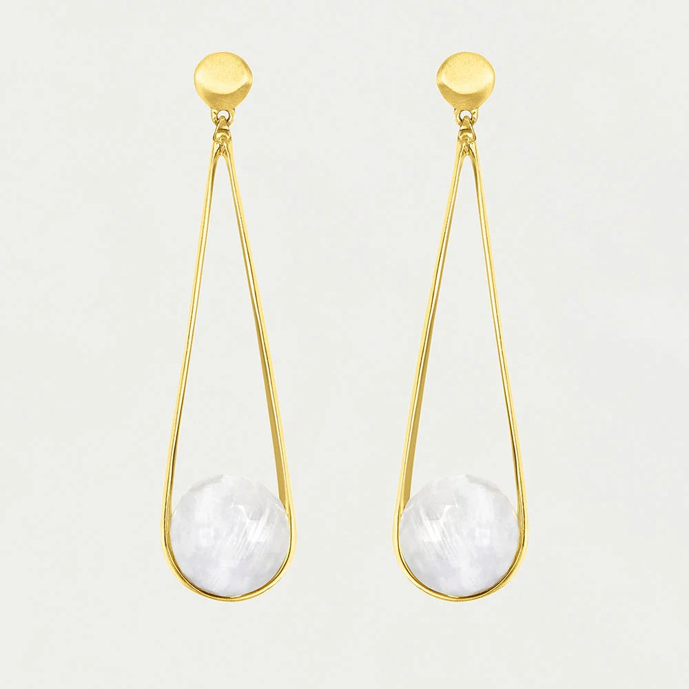 A pair of gold dangle earrings with a teardrop-shaped gold wire frame, a white faceted moonstone stone in the center, and a small round gold disc at the top, shown against a light off-white background.