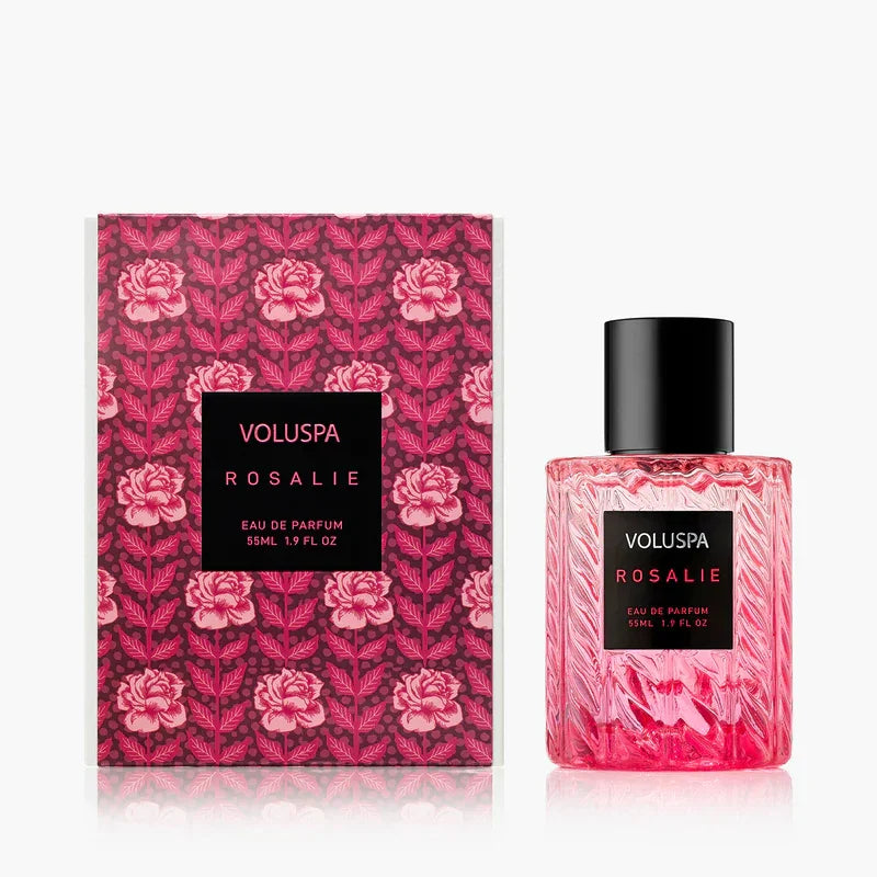 Voluspa Rosalie eau de parfum bottle and packaging with floral design on a white background