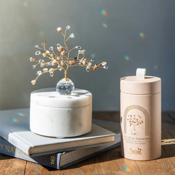 Decorative items including a white container with a crystal ball and a 'Scout' product on books.