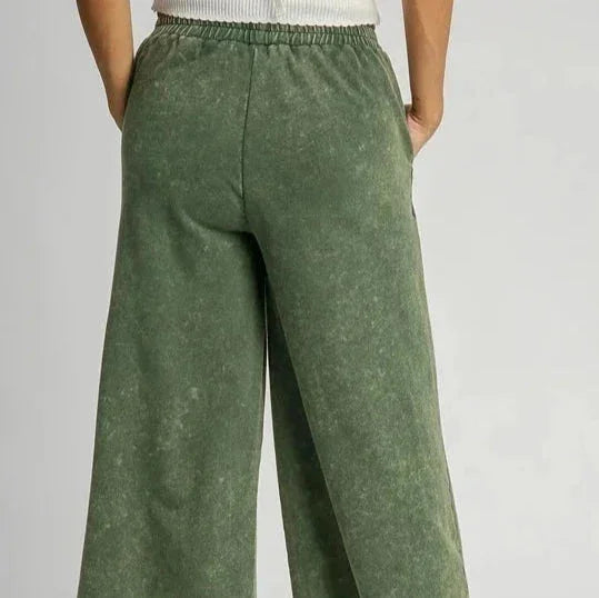 Hunter Green Peace Sign Mineral Wash French Terry Pants with Lace Applique Wide Leg Back