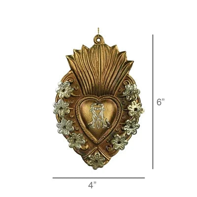 Adorned Sacred Heart Milago Antique Gold Ornament wit Sizing