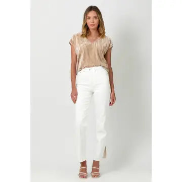 Sand Velvet Cupro V-Neck Top whole body view
