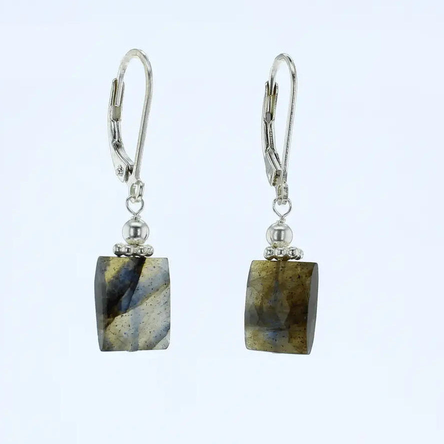 A pair of silver leverback drop earrings featuring rectangular labradorite gemstone pendants with natural gray, black, and gold marbling, set against a plain light blue background.