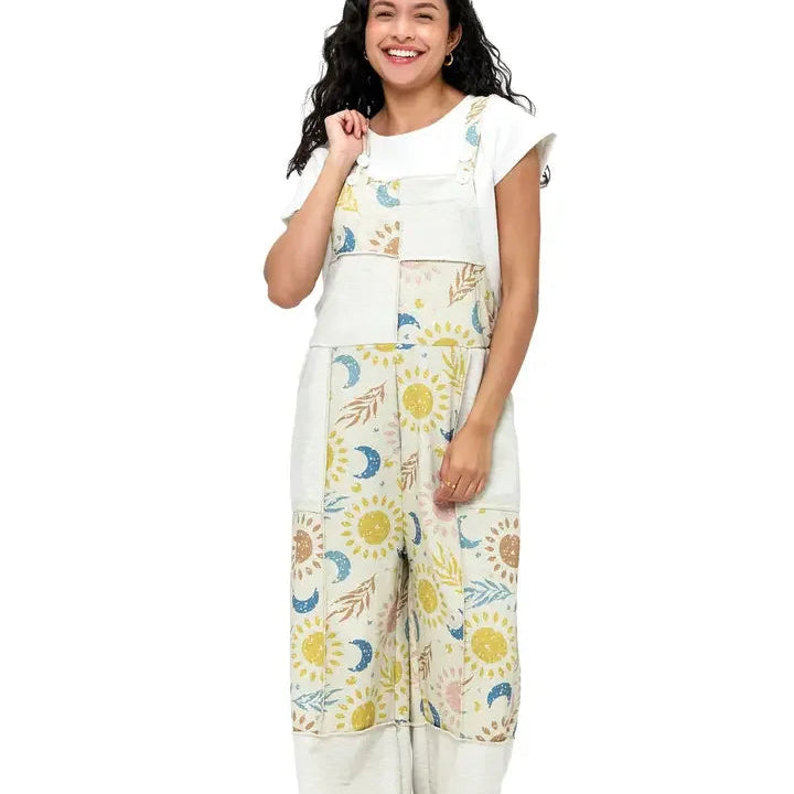 Natural Celestial Sun Moon Print Patchwork Overall front view