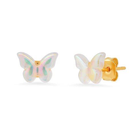Butterfly-shaped earrings with gold posts on a white background