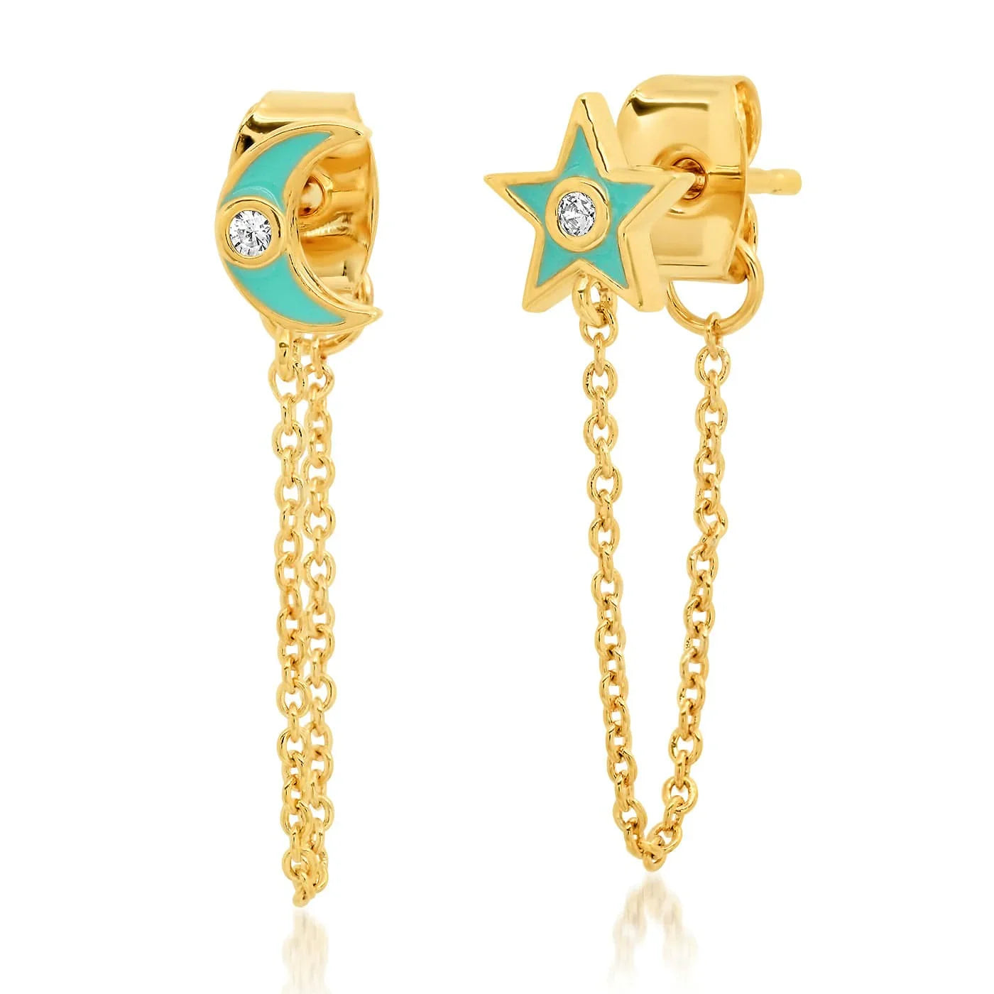 Star and Crescent Moon Turquoise Enamel Gold Trim Chain Wrap Earrings
