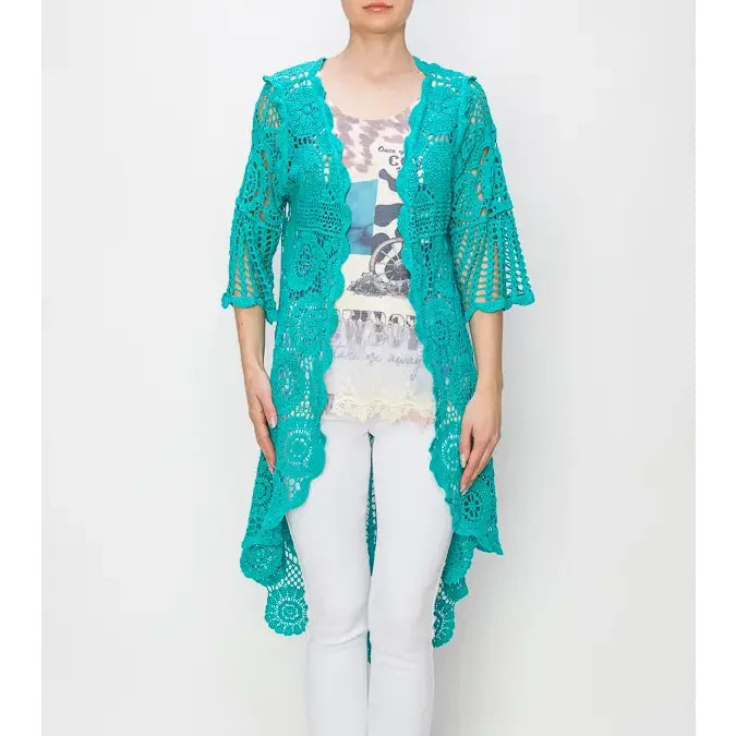 Teal Crochet High-Low Wrap Front View