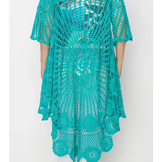 Teal Crochet High-Low Wrap Close Up View