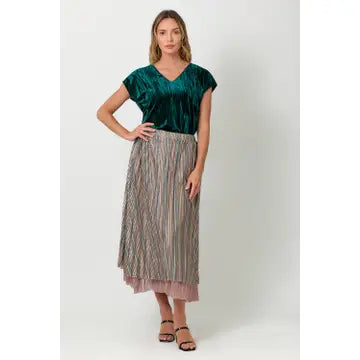 Teal Velvet Cupro V-Neck Top whole body view