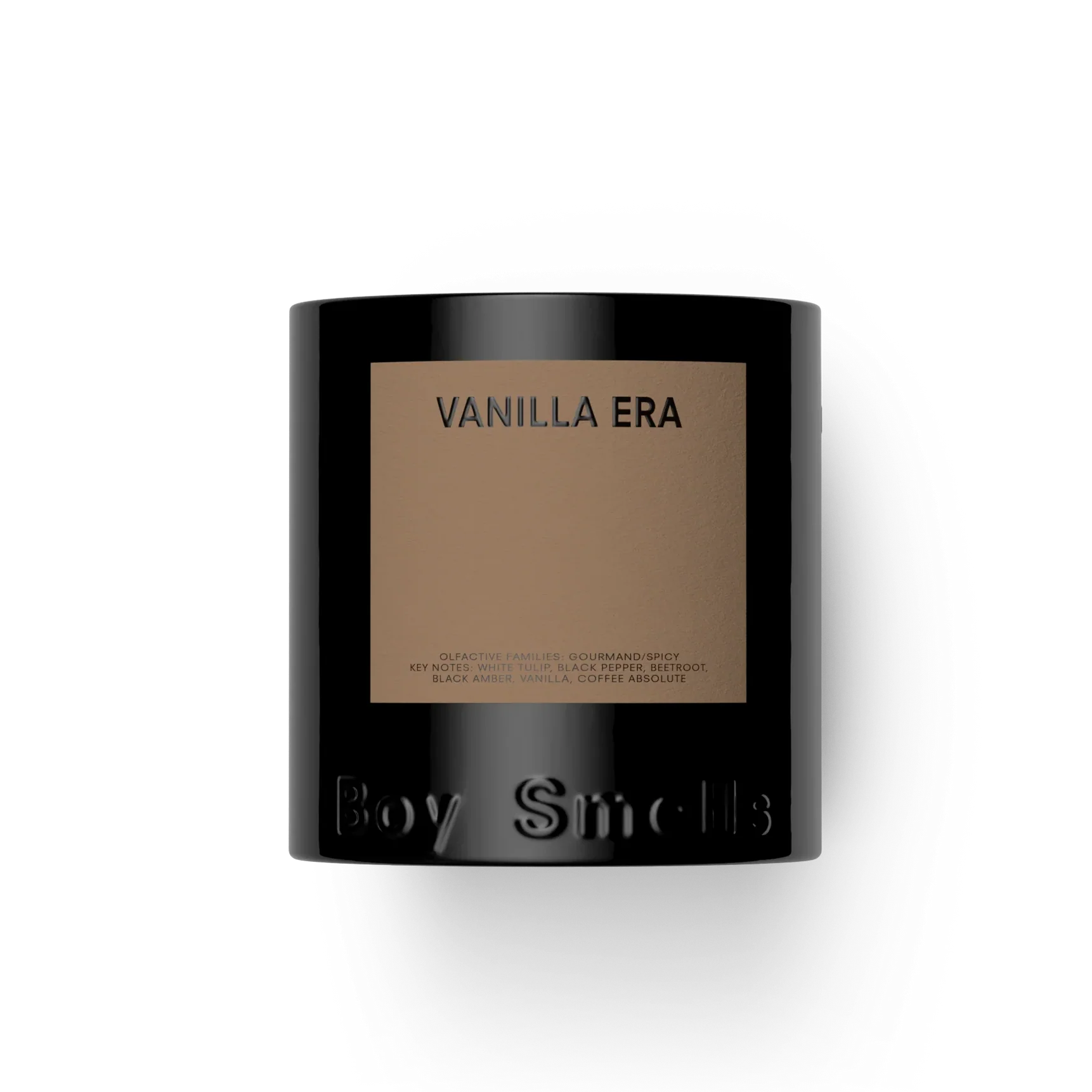 Vanilla Era candle by Boy Smells with black and brown design on a white background