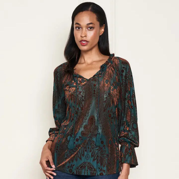 Teal and Brown Burnout Velvet Knit Peasant Top front view