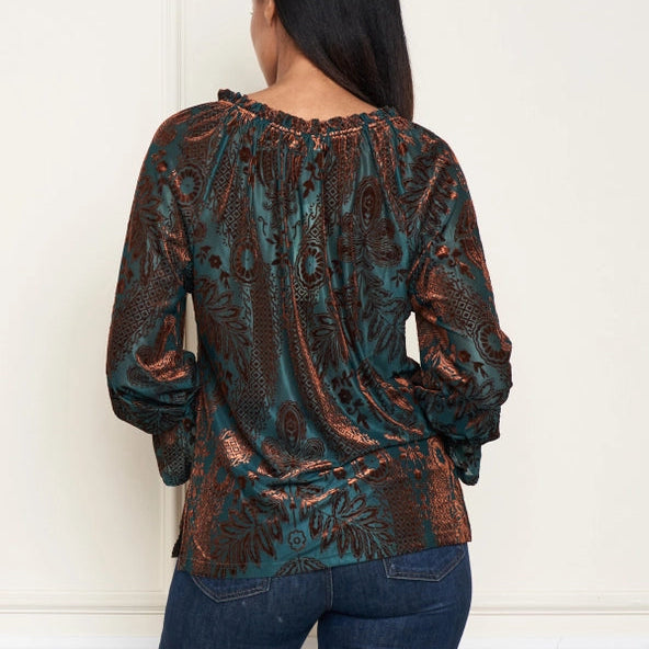 Teal and Brown Burnout Velvet Knit Peasant Top back view